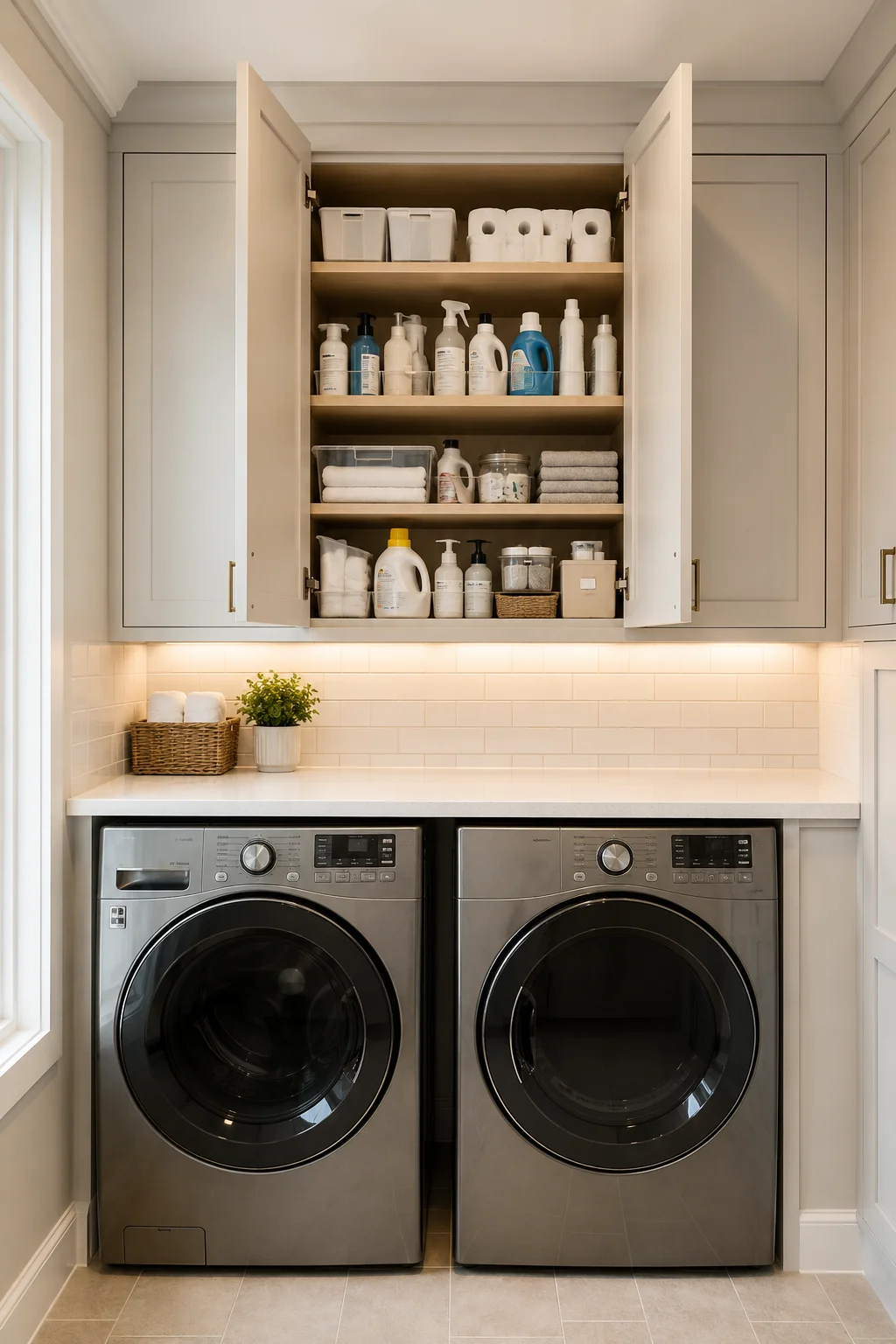 Organized laundry room with upper cabinets above a front loading washer and dryer, featuring open shelves filled with detergent, stain removers, fabric care products, towels, storage bins, and household supplies arranged for easy everyday access.