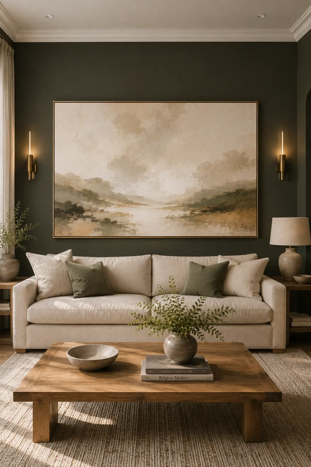 Dramatic living room wall decor featuring a deep olive green accent wall, oversized light landscape artwork, symmetrical brass wall sconces, a cream sofa, and warm wood furniture for a sophisticated high contrast interior.
