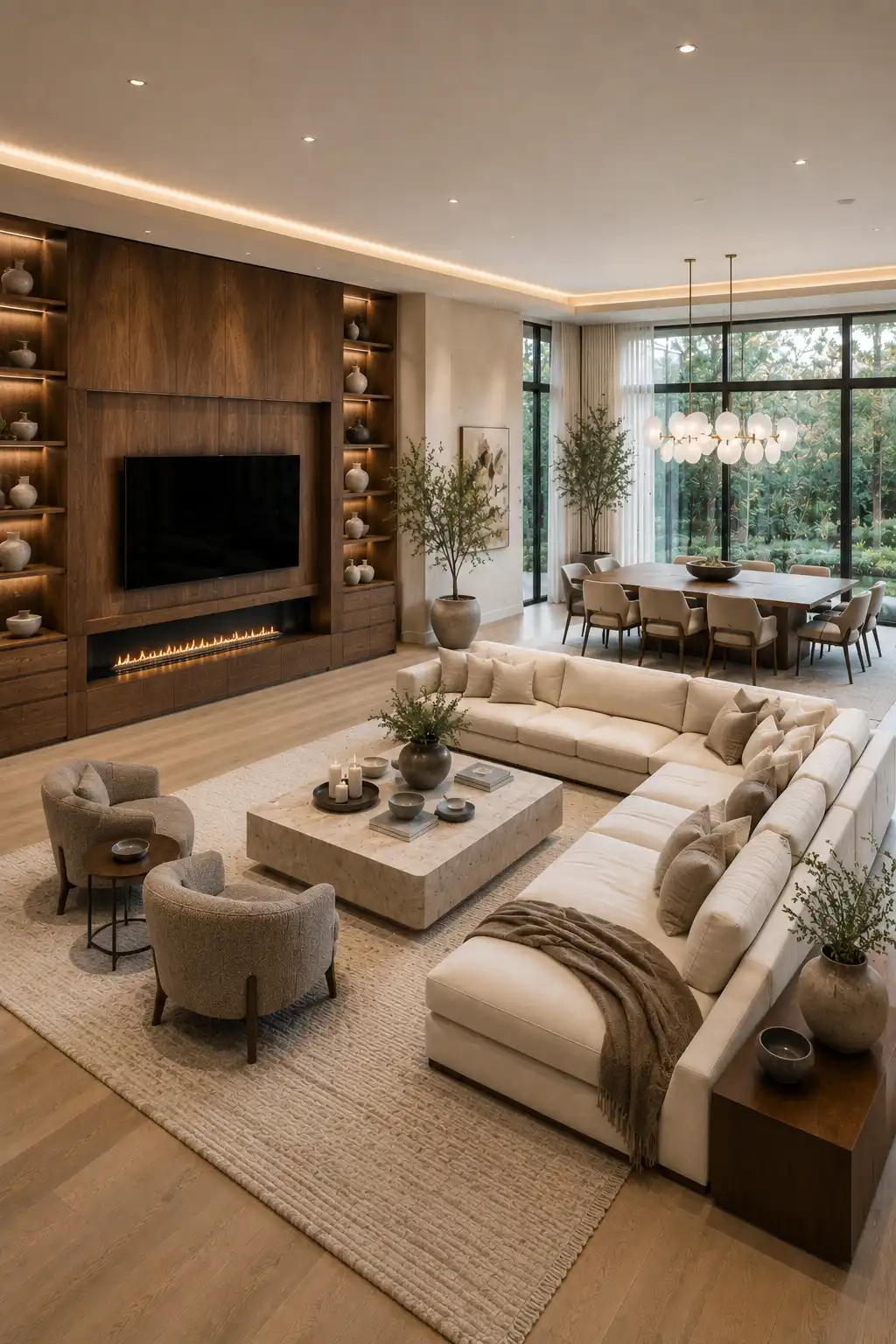 Elegant neutral open layout living room dining room featuring soft ivory furniture, custom walnut media wall, modern fireplace, premium wood dining table, upholstered dining chairs, oversized windows, warm layered lighting, textured rugs, light oak flooring, and sophisticated luxury interior styling.
