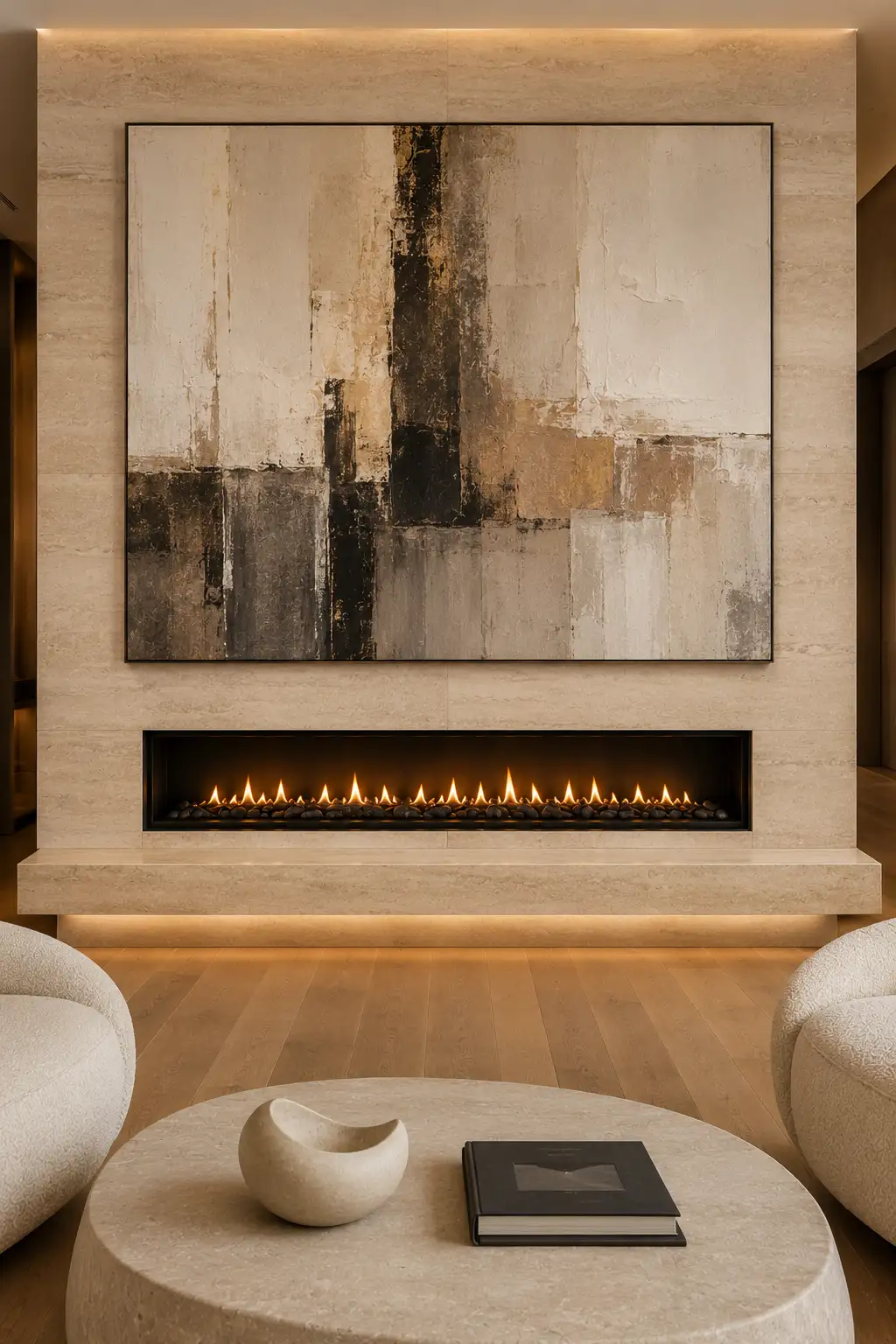 Oversized abstract artwork displayed above a luxury stone fireplace, sleek black linear fireplace, floating stone hearth, neutral designer furniture, warm natural lighting, and a sophisticated gallery inspired modern living room with elegant contemporary décor.