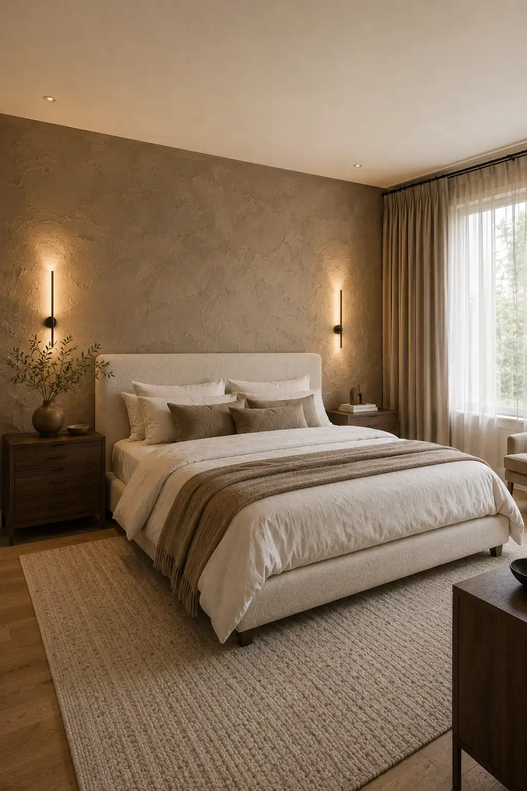 Modern adult bedroom with a warm textured plaster accent wall, slim vertical wall sconces, cream upholstered bed, layered ivory and taupe bedding, dark wooden nightstands, oversized woven area rug, floor length curtains, and soft ambient lighting.