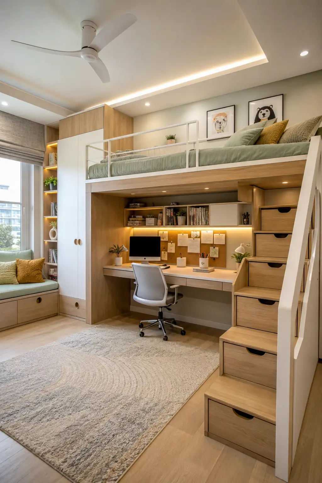 Space saving kids room renovation featuring a modern loft bed above a complete study zone, long built in desk, overhead bookshelves, storage staircase, integrated wardrobes, window bench, soft green bedding, warm wood finishes, and smart storage for a functional bedroom layout.