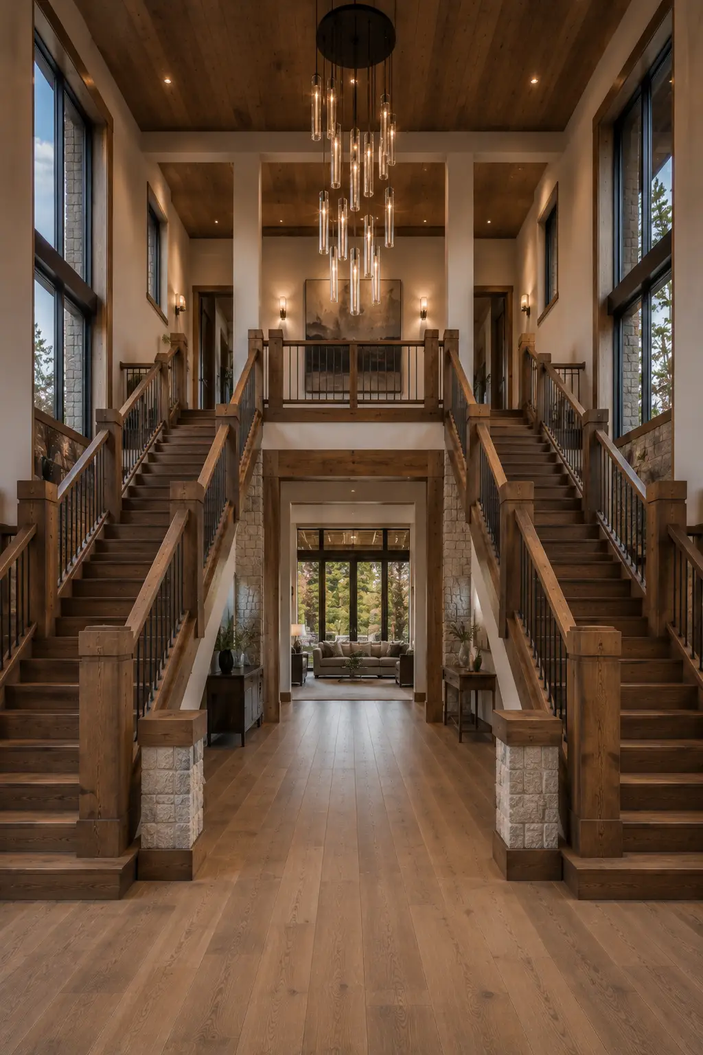 Grand real home foyer with a dramatic symmetrical double staircase, matching dark timber steps, oversized square wooden posts, black metal railings, stone block column accents, tall windows, exposed timber architecture, large pendant lighting, and Minecraft mansion inspired staircase design.