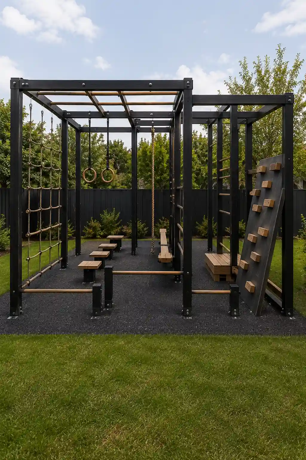 DIY kids ninja playground in a modern backyard featuring a large matte black obstacle course frame with overhead monkey bars, hanging gym rings, climbing ropes, vertical rope net, wooden stepping platforms, angled climbing wall with natural wood handholds, balance beam, sturdy support posts, black impact-absorbing safety flooring, green lawn, privacy fence, and contemporary landscaping.