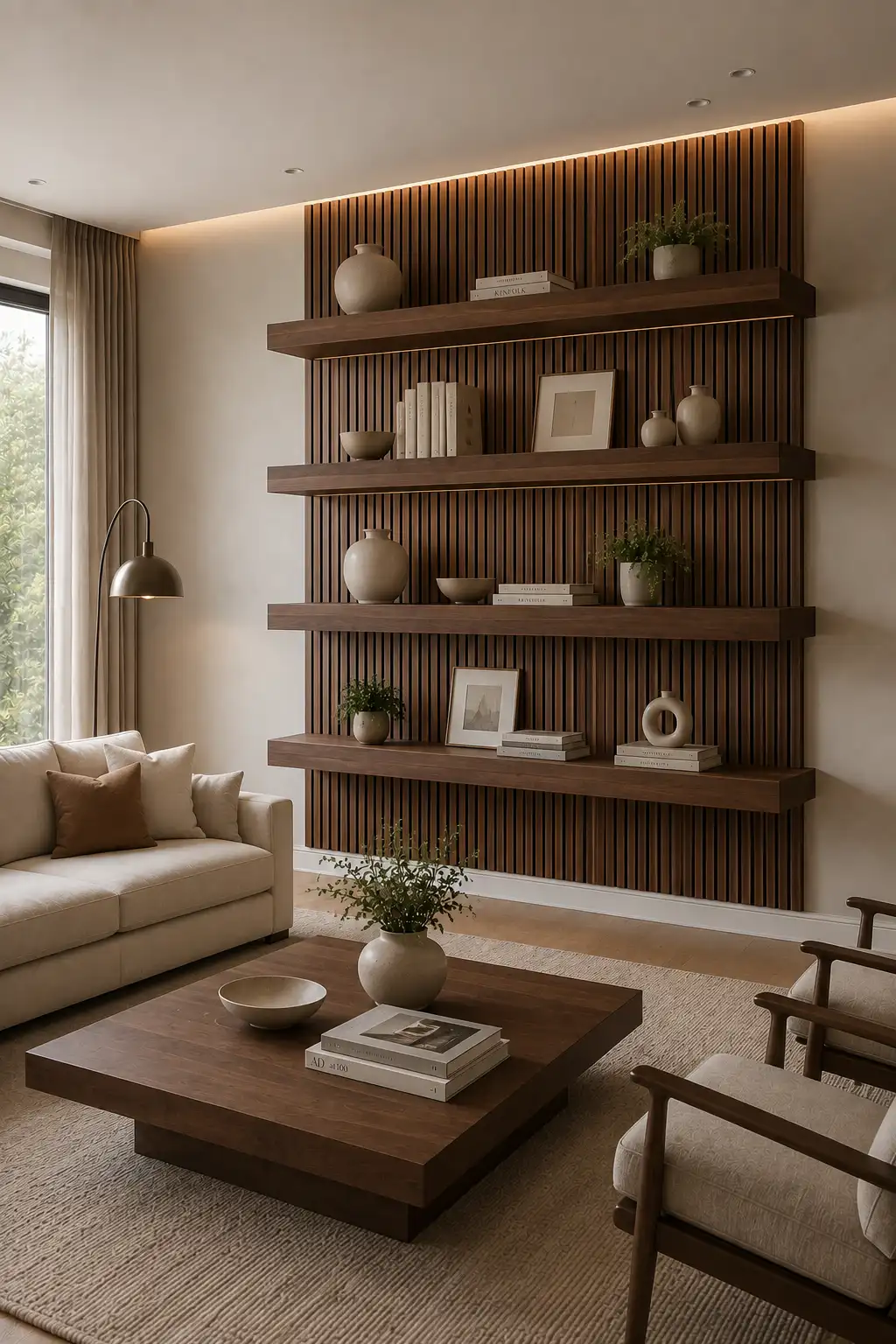 Contemporary living room featuring a dramatic full-height vertical walnut slatted feature wall behind four substantial floating shelves. The rich wood slats create architectural texture and contrast with the horizontal walnut shelves, producing a sophisticated modern display wall. Each shelf is styled with neutral ceramic vases, stacked books, framed artwork, sculptural decor, and small plants, while a cream sofa, large walnut coffee table, textured rug, and modern lounge chairs complete the warm contemporary interior.