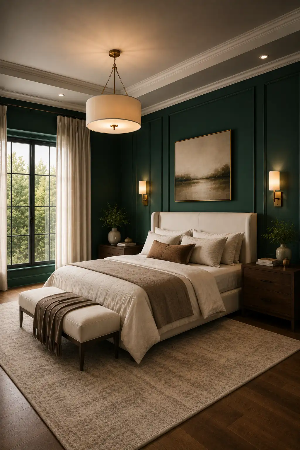 Bold modern luxury bedroom featuring deep emerald green painted walls with elegant architectural panel molding, a large cream upholstered bed with layered ivory bedding and warm brown accent pillows, dark walnut nightstands, brushed brass wall sconces, cream floor-to-ceiling curtains, a large textured neutral rug, dark hardwood flooring, framed artwork, subtle greenery, and warm lighting creating a rich sophisticated bedroom interior.