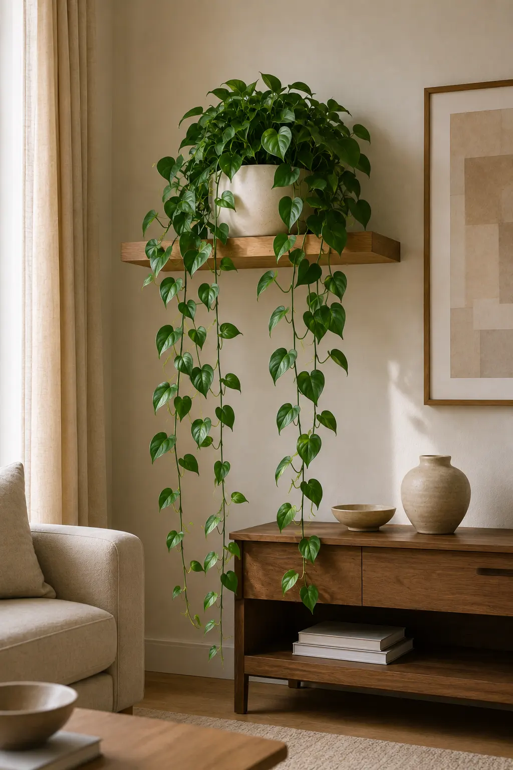Lush Heartleaf Philodendron with glossy heart-shaped green leaves and long trailing vines growing from a white ceramic planter on a floating wooden shelf above a modern console, surrounded by neutral artwork and warm contemporary living room decor.