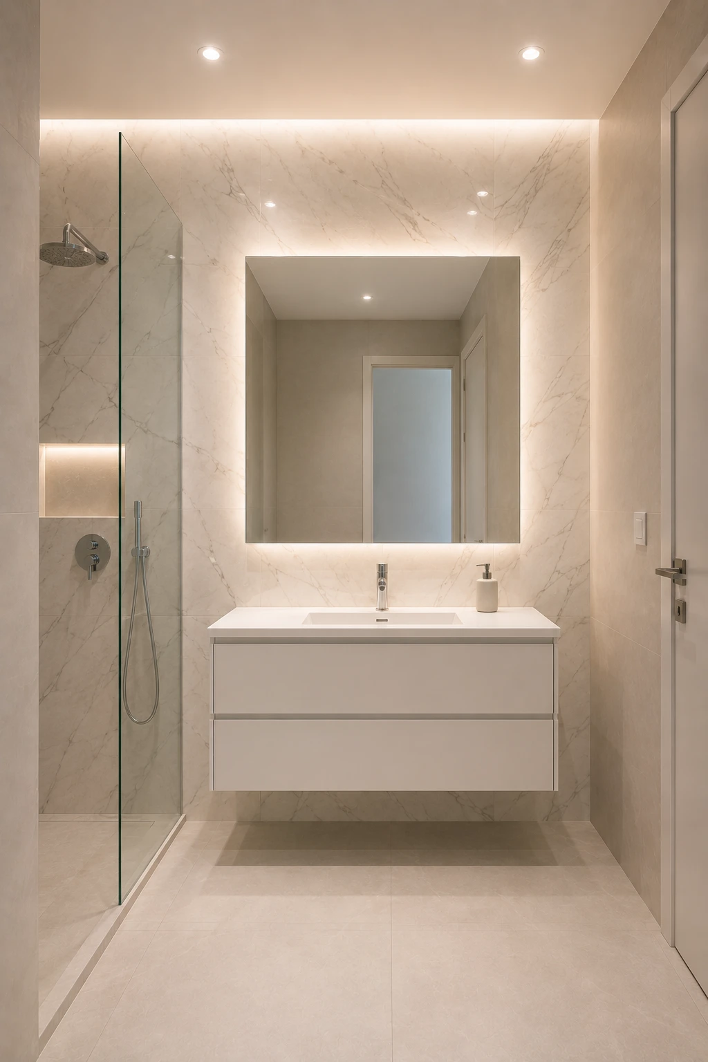 Small luxury bathroom with a refined white stone look accent wall featuring subtle warm gray veining behind the floating vanity. The space includes a slim integrated countertop, large frameless mirror, polished chrome faucet, pale neutral porcelain floor, clear glass shower, and warm architectural lighting for an elegant contemporary bathroom design.