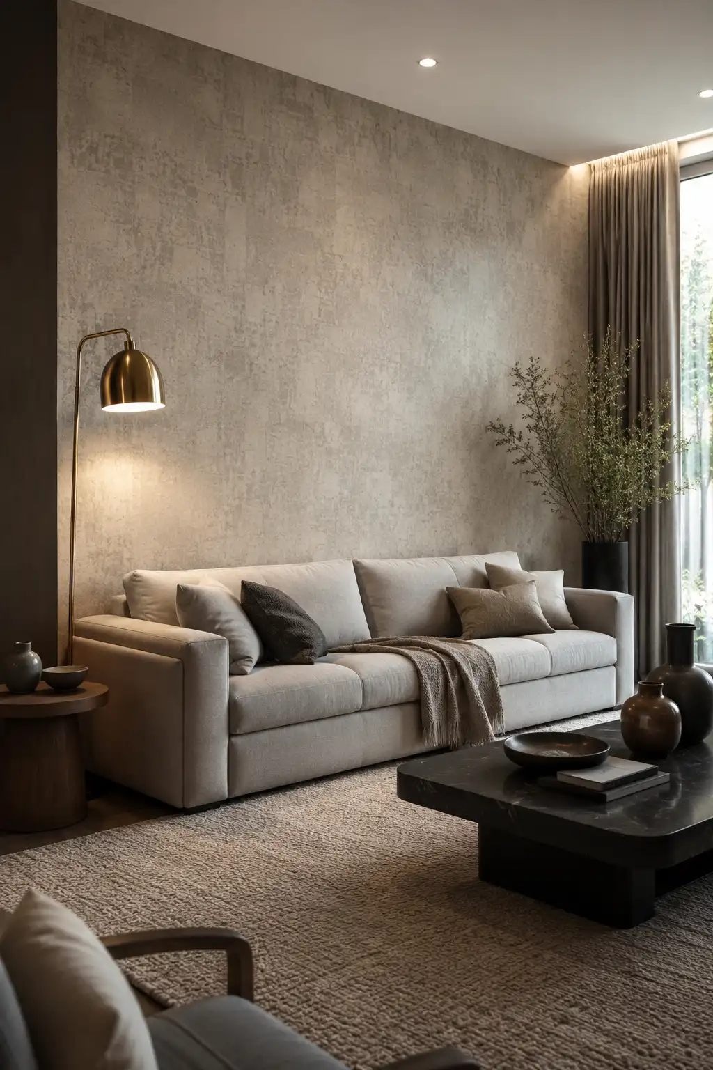 Refined contemporary living room featuring textured greige wallpaper in soft beige, taupe, and warm gray tones, paired with a light neutral sofa, dark coffee table, warm brass floor lamp, wooden side table, textured beige rug, floor-length curtains, and sophisticated modern decor.
