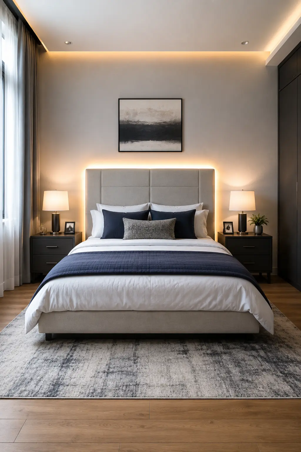 Modern teen bedroom featuring a contemporary upholstered bed with hidden warm white LED lighting installed behind the headboard, creating a soft glowing halo against the neutral bedroom wall. The space includes sleek black nightstands, modern table lamps, navy and white bedding, minimalist artwork, warm wood flooring, and sophisticated ambient lighting for a stylish DIY bedroom upgrade.
