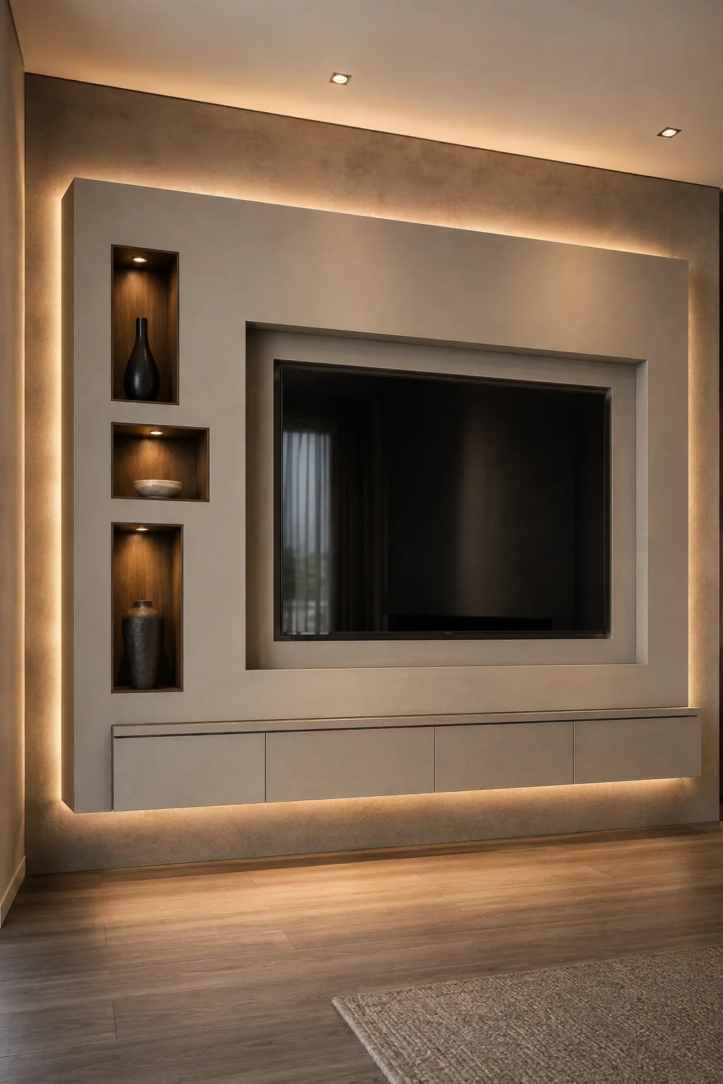 Modern TV feature wall designed with a large architectural frame, recessed television, illuminated wood display niches, curated decorative objects, concealed floating cabinetry, and warm perimeter lighting that creates an elegant gallery inspired media wall.