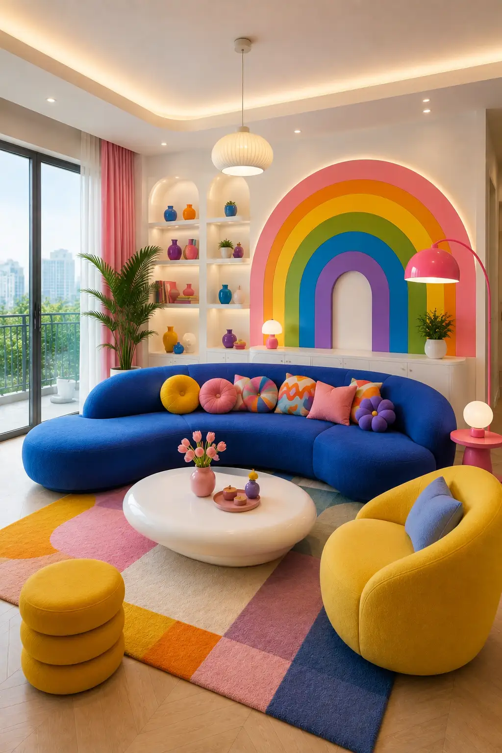 Colorful Toca Boca inspired living room featuring a deep cobalt blue curved sectional sofa, large rainbow wall mural with vivid pink, orange, yellow, green, blue, and purple arches, bright yellow rounded accent chair, colorful patterned cushions, white sculptural coffee table, multicolor geometric area rug, illuminated arched shelving, colorful vases, pink pendant light, indoor plants, and modern contemporary furniture arranged in a complete full room view.