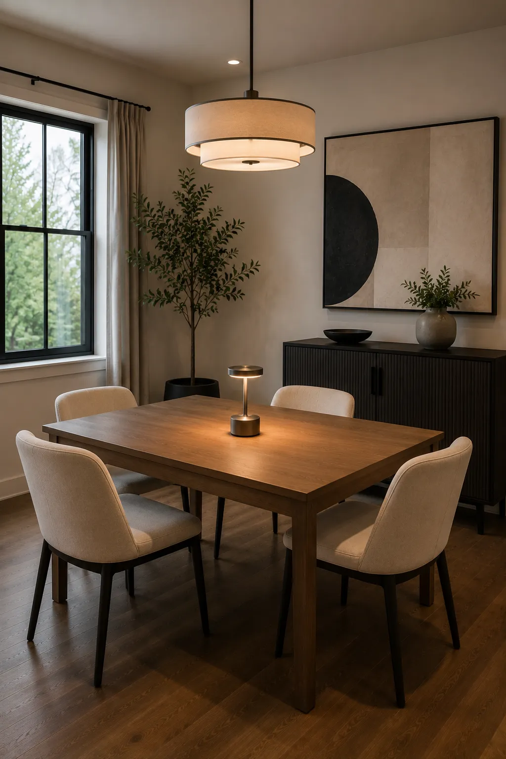 Modern dining room featuring a warm wood dining table surrounded by cream upholstered chairs, with a compact cordless table lamp glowing at the center, complemented by large abstract artwork, a black sideboard, pendant lighting, and leafy indoor tree for a cozy contemporary atmosphere.