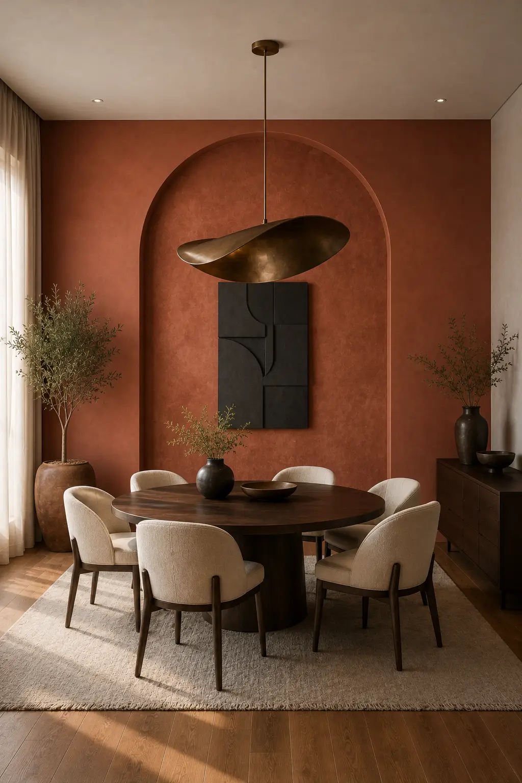 Elegant modern dining room featuring a rich muted terracotta accent wall with a large architectural arched niche, textured warm plaster finish, sculptural black wall artwork, oversized bronze pendant light, round dark walnut dining table, curved ivory upholstered chairs, natural greenery, cream rug, and warm luxury interior styling.