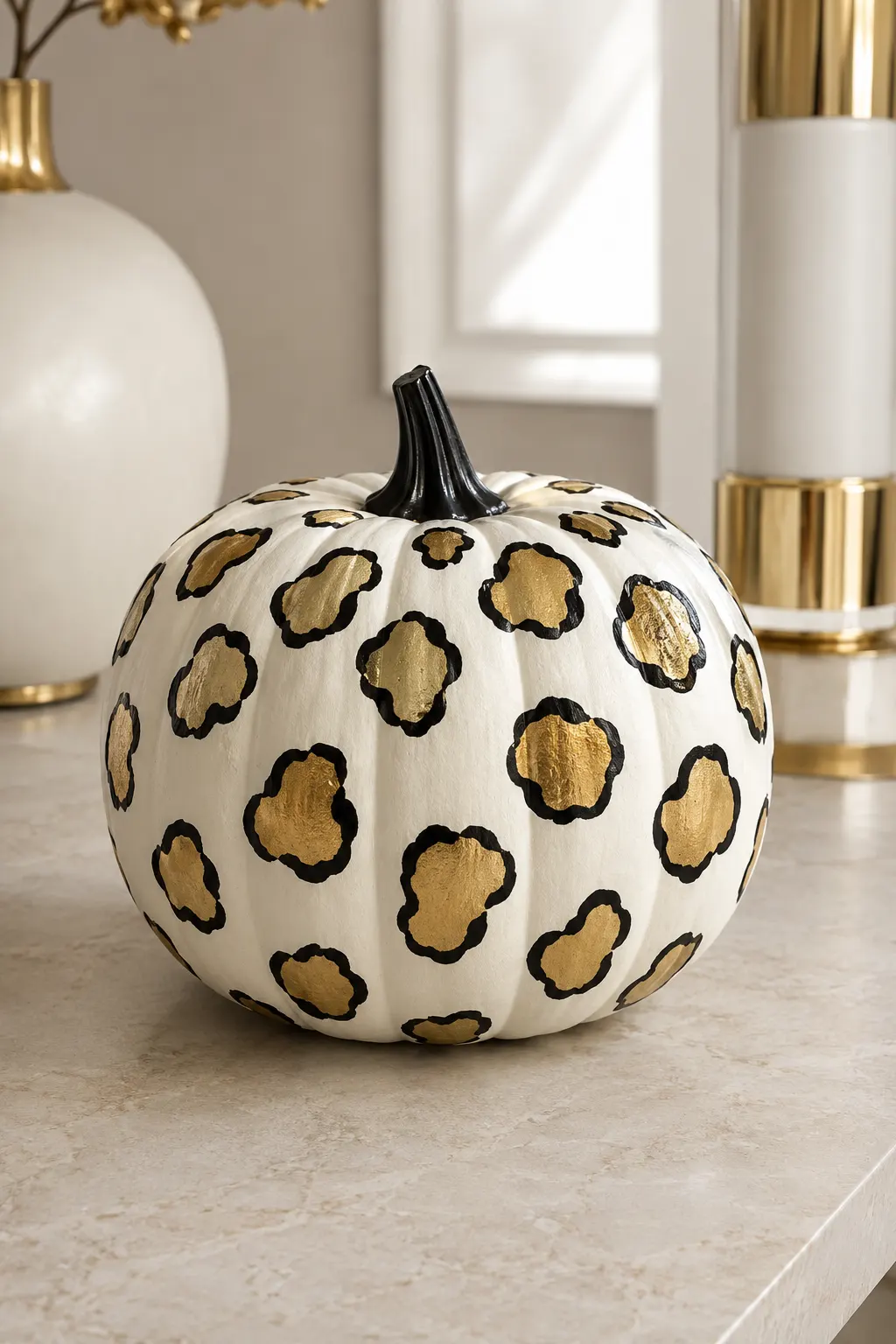 A warm ivory white pumpkin covered with irregular metallic gold leopard spots outlined in loose black brushstrokes, creating a glamorous fashion-inspired pumpkin painting for stylish contemporary fall decor.
