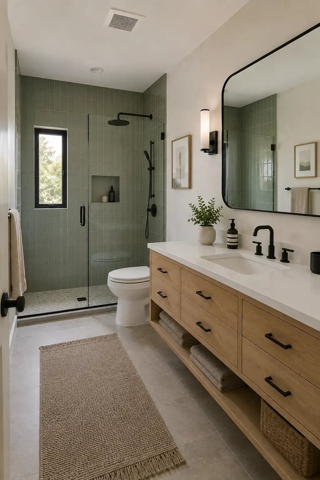 Contemporary sage green bathroom featuring muted green vertical shower tiles, natural light oak vanity with detailed drawers and open storage, white countertop, integrated sink, matte black faucet, black shower fixtures, large black-framed rounded mirror, black wall lighting, frameless glass shower enclosure, white toilet, neutral stone-look flooring, woven runner, and warm natural decor.