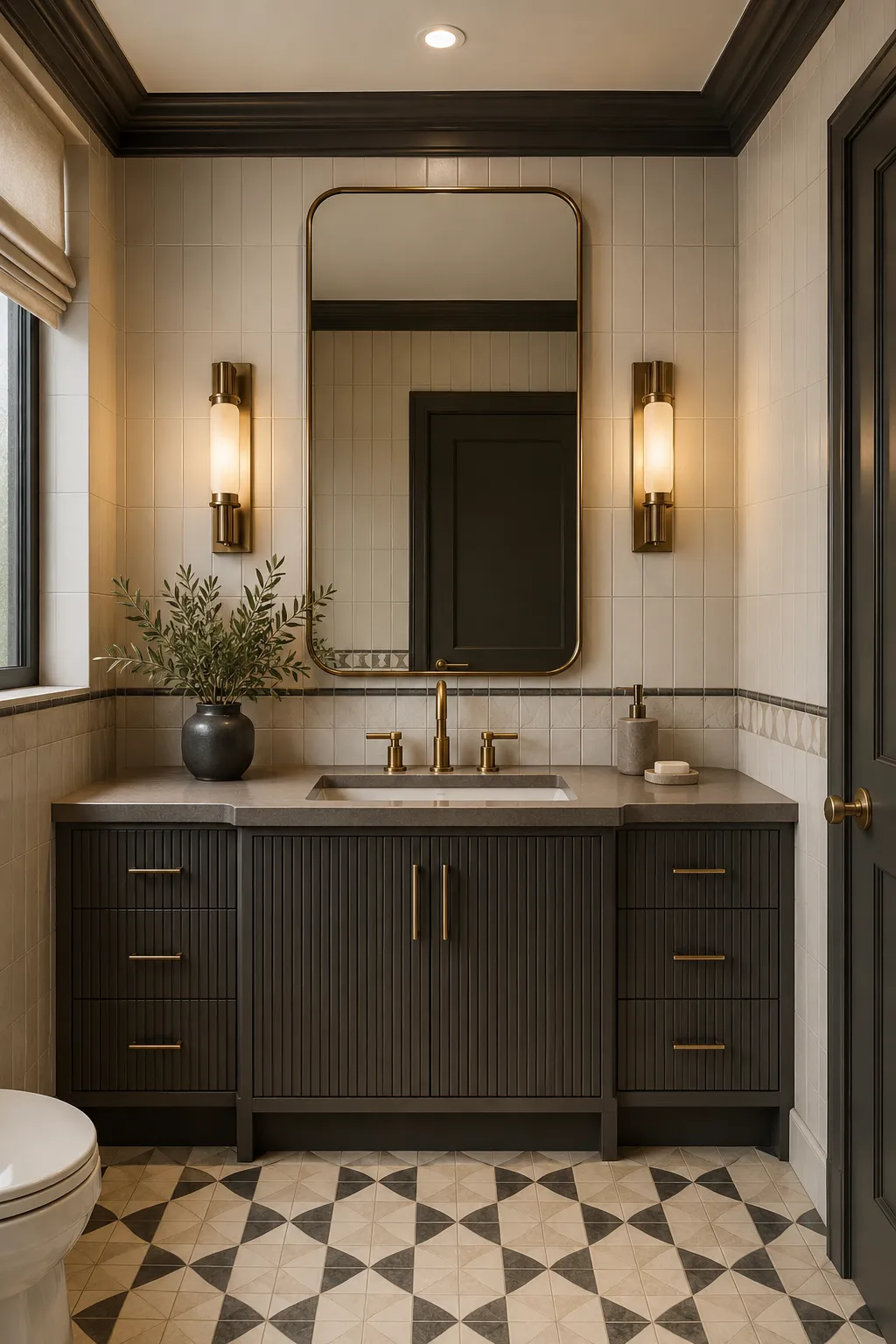 Modern vintage bathroom with a dark fluted vanity, vertical reeded cabinet doors, slim brass hardware, warm cream vertical wall tile, rounded brass-framed mirror, geometric patterned floor, and elegant vintage-inspired sconces.