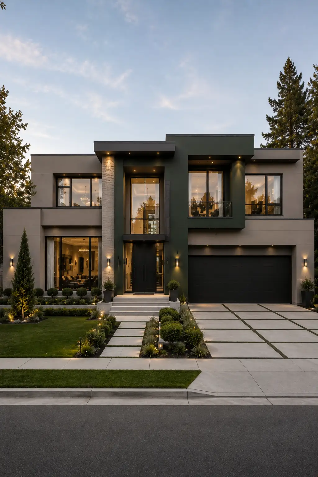 Modern luxury home featuring deep blue green exterior paint with muted gray undertones, charcoal architectural sections, black framed floor to ceiling windows, dramatic entrance, dark garage, contemporary landscaping, clean concrete driveway, and sophisticated evening lighting.