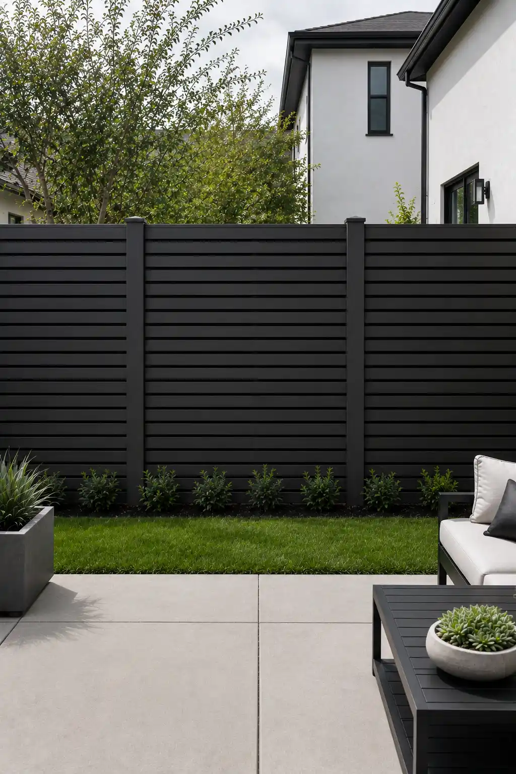 Contemporary horizontal black slat fence with narrow evenly spaced boards and sturdy charcoal posts, creating a stylish privacy screen along a modern backyard patio surrounded by green grass, low landscaping, and contemporary outdoor furniture.