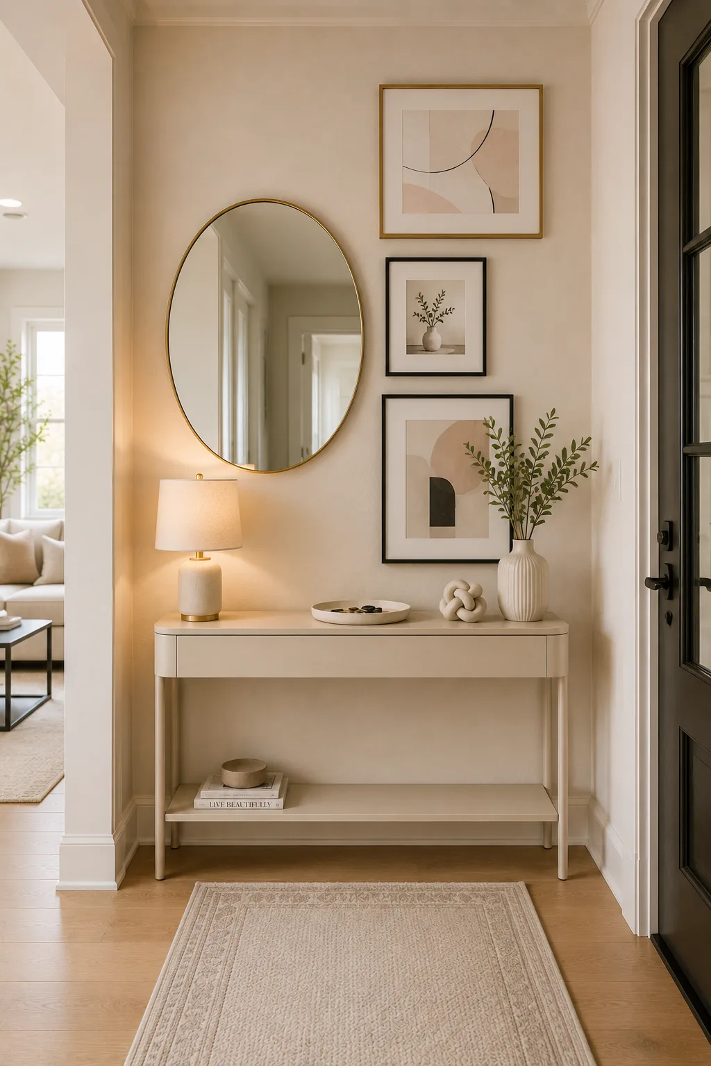 Refined small entryway featuring a slim cream console with an open lower shelf, large oval brass framed mirror, coordinated gallery wall with three neutral abstract artworks, warm table lamp, ribbed ceramic vase with greenery, shallow decorative tray, sculptural accent, stacked books, soft beige walls, natural oak flooring, neutral patterned runner, and elegant contemporary entryway decor.