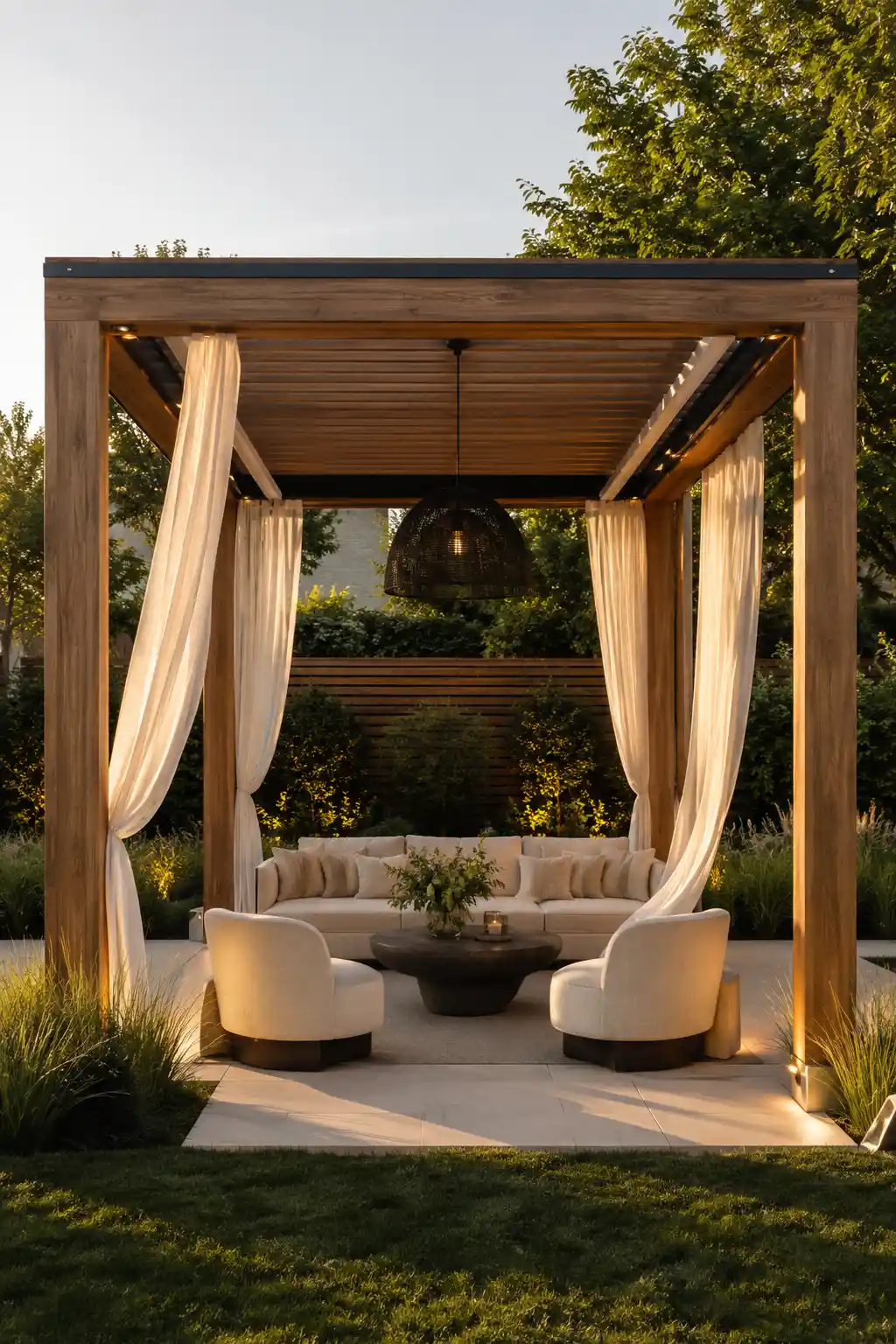 Modern backyard pergola lounge with a warm wood frame, slatted roof, flowing ivory outdoor curtains, cream sofa and curved lounge chairs, sculptural dark coffee table, oversized pendant light, layered greenery, and soft golden hour lighting for an elegant outdoor retreat.