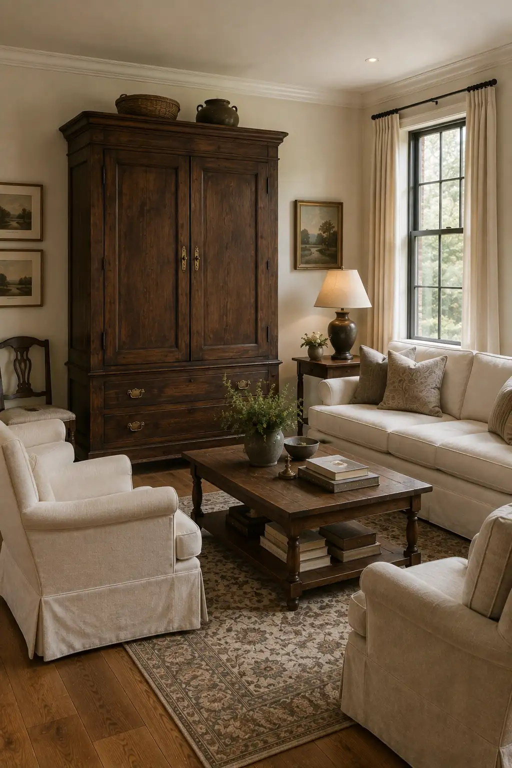 Cozy Joanna Gaines inspired living room featuring a large antique dark wood cabinet, creamy sofa and slipcovered armchairs, rustic wood coffee table filled with books, patterned vintage rug, black framed window, warm table lamp, landscape artwork, pottery, and greenery.
