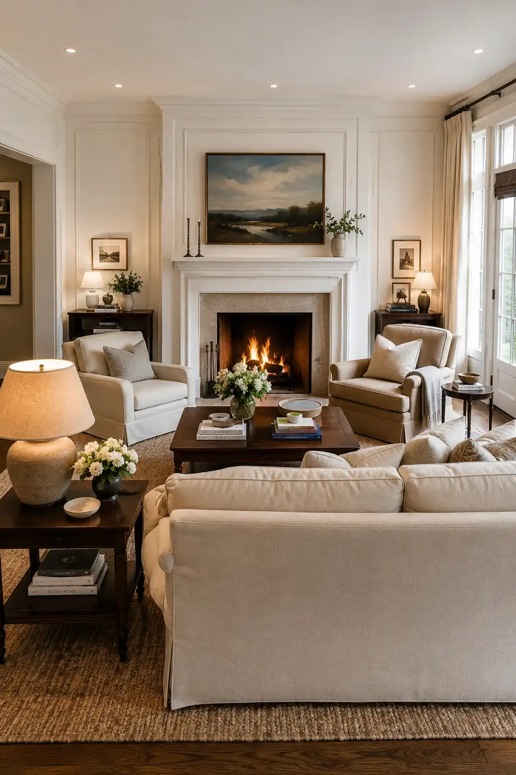 Elegant Nancy Meyers inspired living room centered around a classic white fireplace with a glowing fire, traditional landscape painting, cream sofa and armchairs, dark wood coffee table, warm table lamps, fresh flowers, books, and timeless architectural molding.