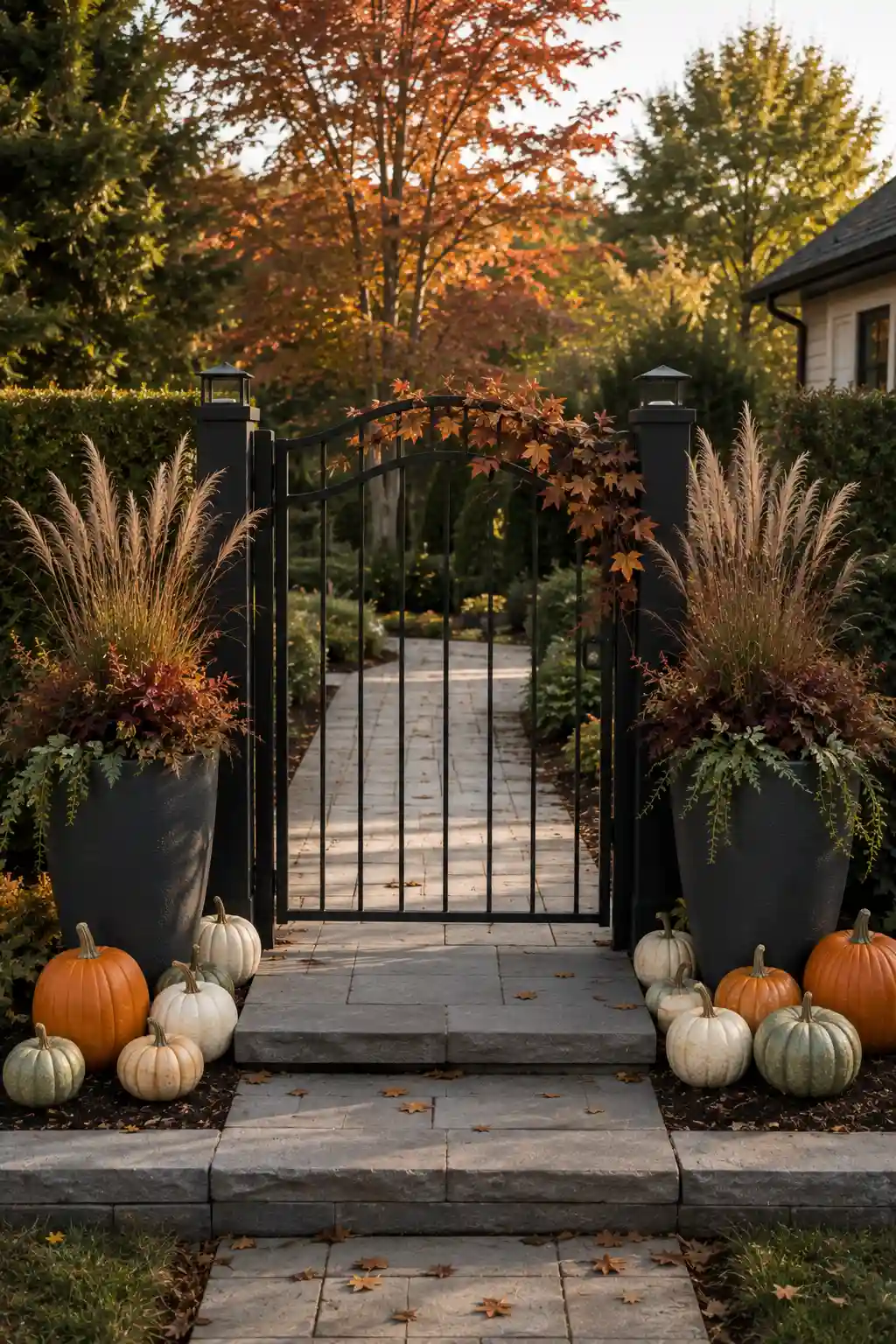 Modern garden gate decorated for fall with tall black planters filled with ornamental grasses and burgundy foliage, clusters of orange, white, and sage pumpkins, subtle autumn leaves across the gate, and a clear stone garden pathway.