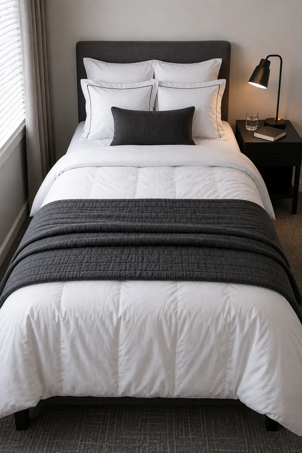 White and charcoal dorm bedding idea featuring a crisp white comforter, white pillows with dark piping, a ribbed charcoal lumbar cushion, a textured charcoal quilt, gray upholstered headboard, and black bedside accents in a modern college dorm room.
