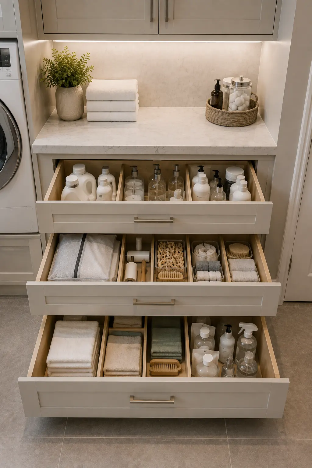 Laundry room organization using deep pull out drawers with custom dividers for detergent bottles, fabric care products, lint rollers, cleaning brushes, towels, cloths, and everyday laundry supplies beneath a practical folding countertop.