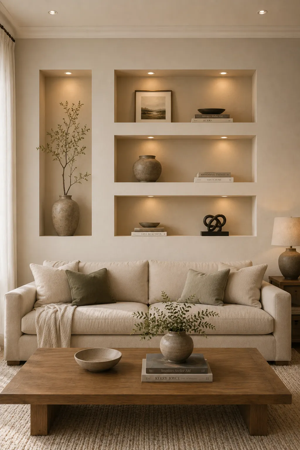 Elegant living room wall decor featuring built in recessed wall niches with integrated warm lighting, styled with framed artwork, ceramic vessels, stacked books, sculptural objects, and a tall vase with natural branches.