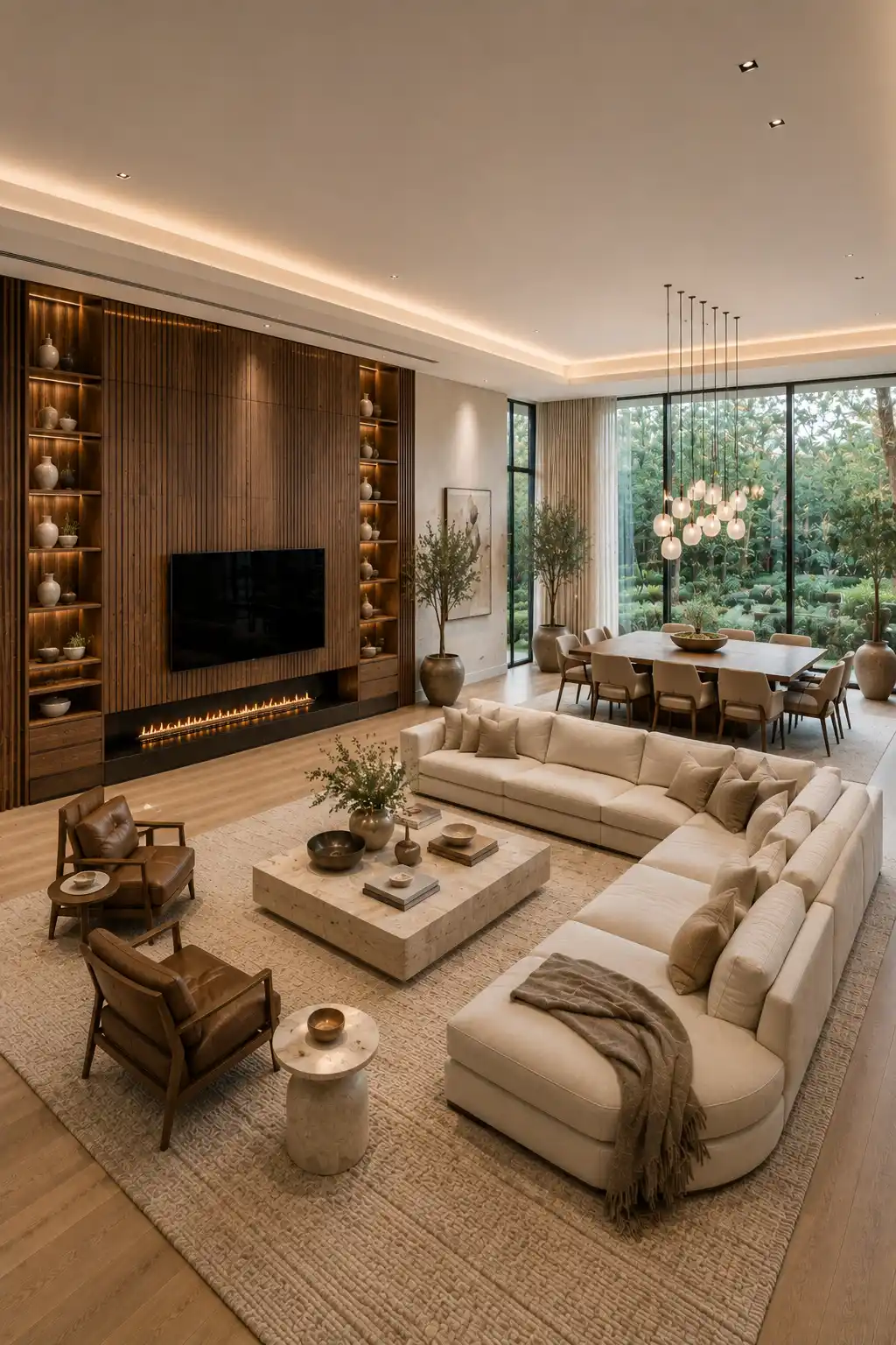 Luxury open layout living room dining room with a striking vertical walnut slat feature wall, floating television unit, sleek fireplace, oversized sectional sofa, natural stone coffee table, premium dining space, floor to ceiling windows, warm lighting, oak flooring, and modern contemporary interior design.