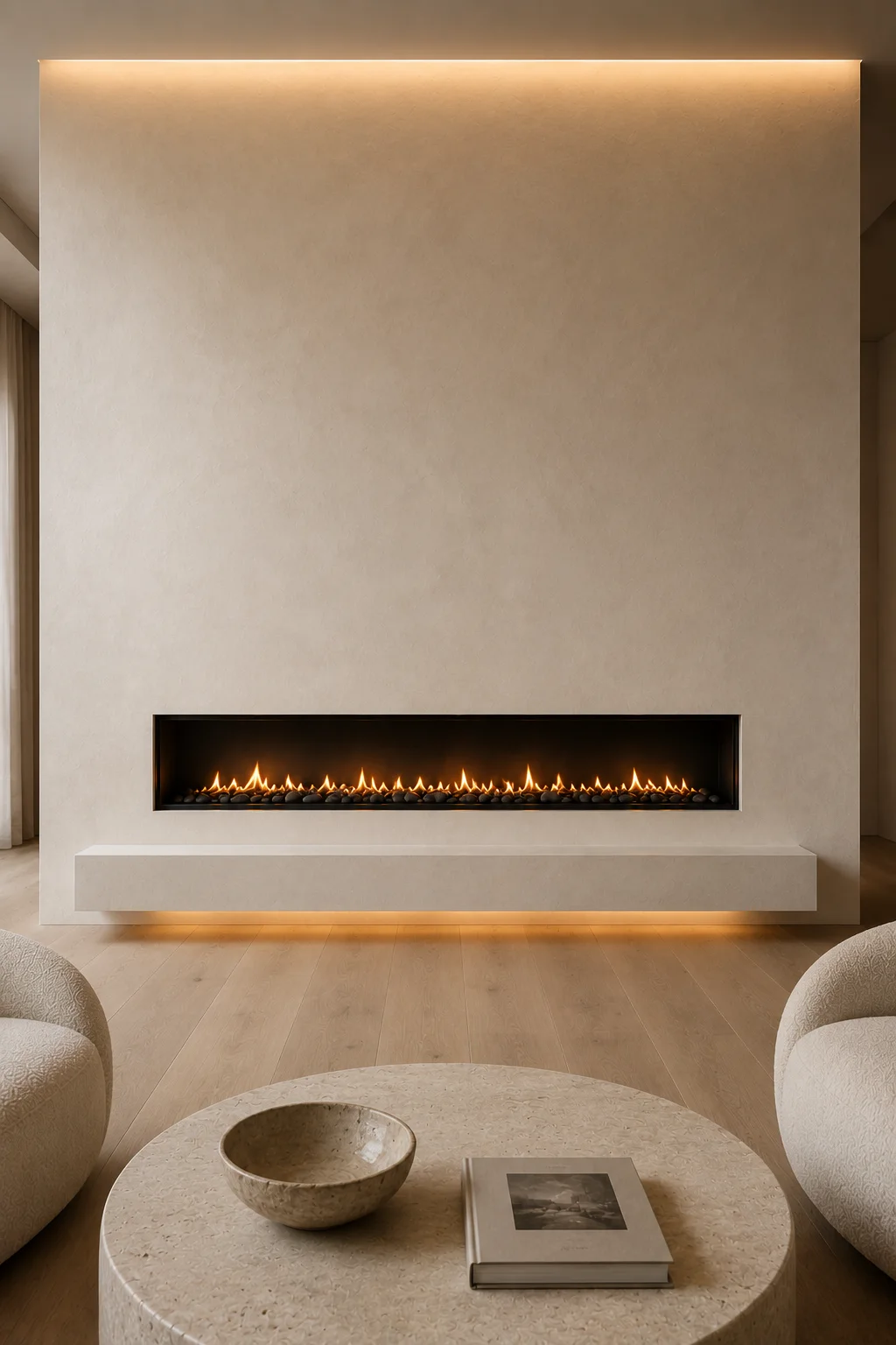 Seamless white plaster fireplace wall with a frameless linear fireplace, floating plaster hearth, soft warm LED lighting, light oak flooring, minimalist luxury furniture, and a bright contemporary living room featuring timeless modern interior design.