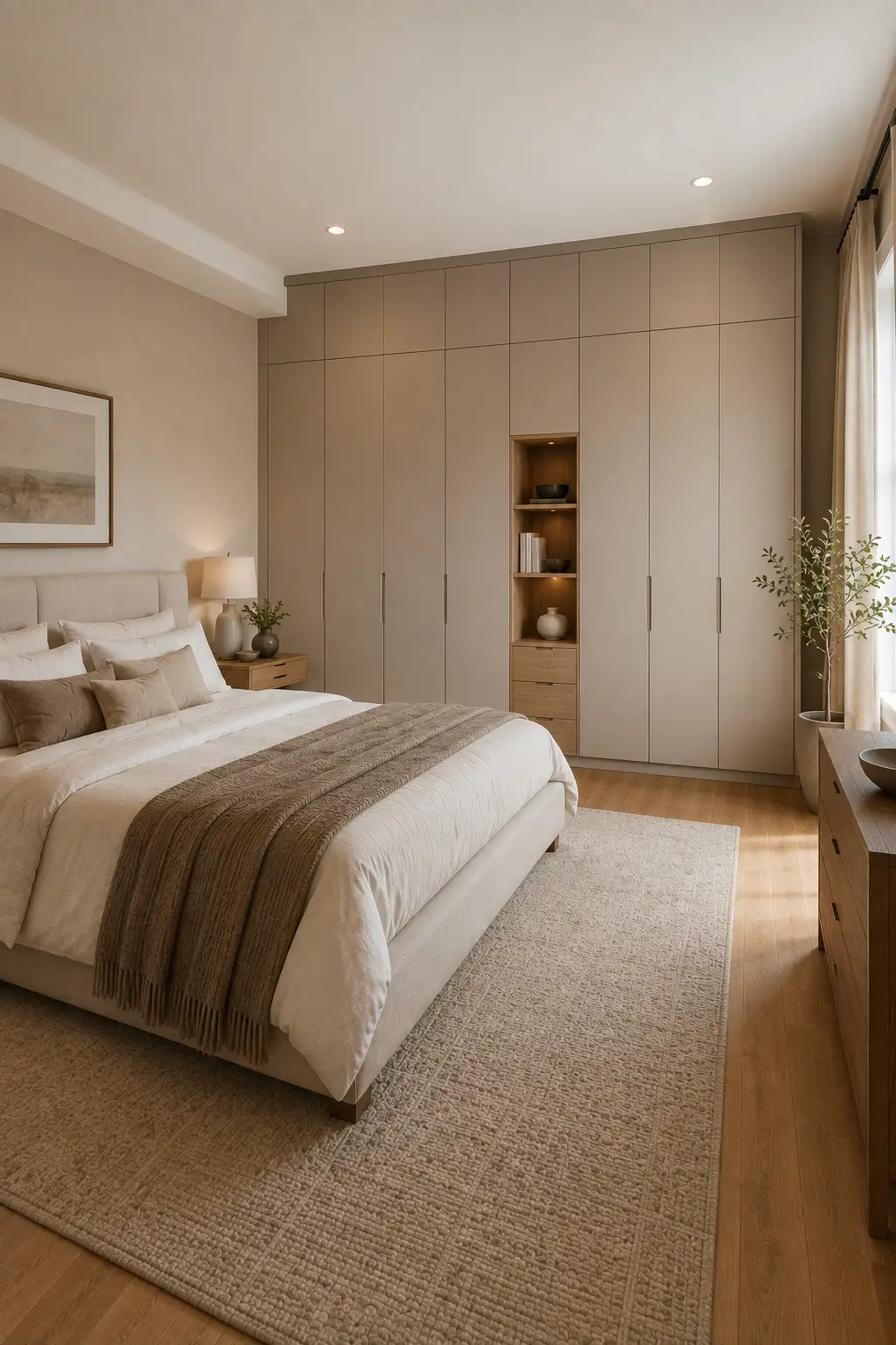 Modern adult bedroom featuring seamless floor to ceiling built in wardrobes, warm taupe cabinet doors, central wood display niche with open shelves and drawers, cream upholstered bed, neutral bedding, textured area rug, wood flooring, and elegant storage design.