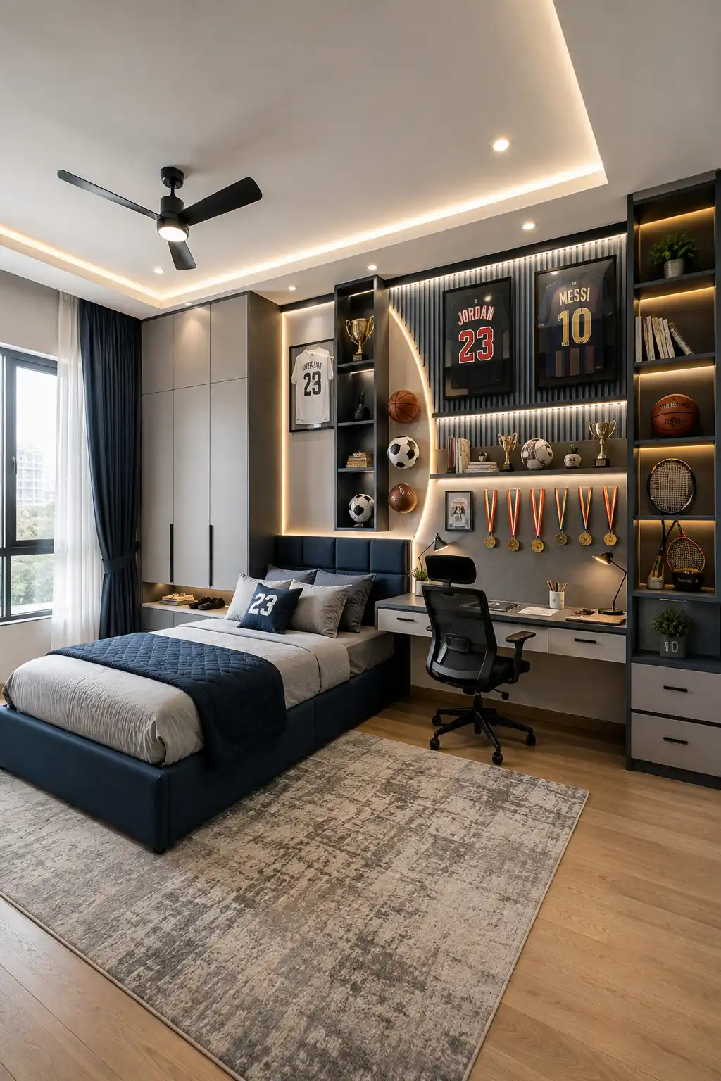 Sports inspired kids room renovation featuring framed jerseys, medals, trophies, basketball and football displays, illuminated built in shelving, modern study desk, upholstered bed, custom wardrobes, dark feature panels, and warm lighting for a polished sports bedroom.