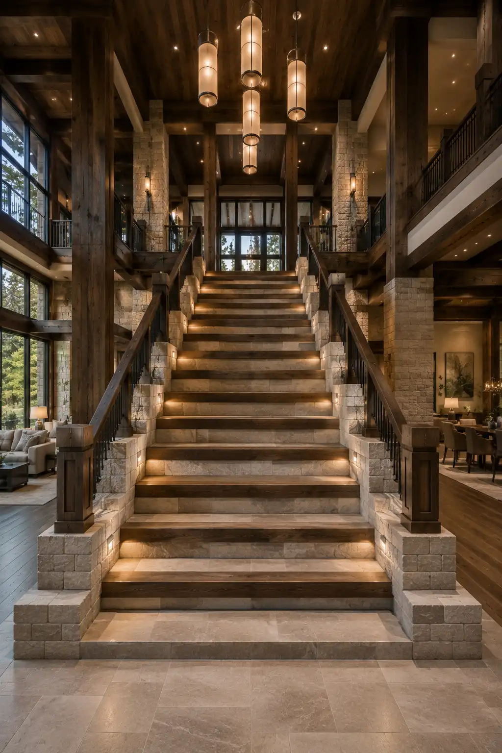 Large statement staircase combining warm dark timber treads with pale rectangular stone block edges, chunky square wooden posts, black metal railings, warm recessed lighting beneath the steps, exposed timber beams, tall windows, and a bold Minecraft inspired block built architectural style.