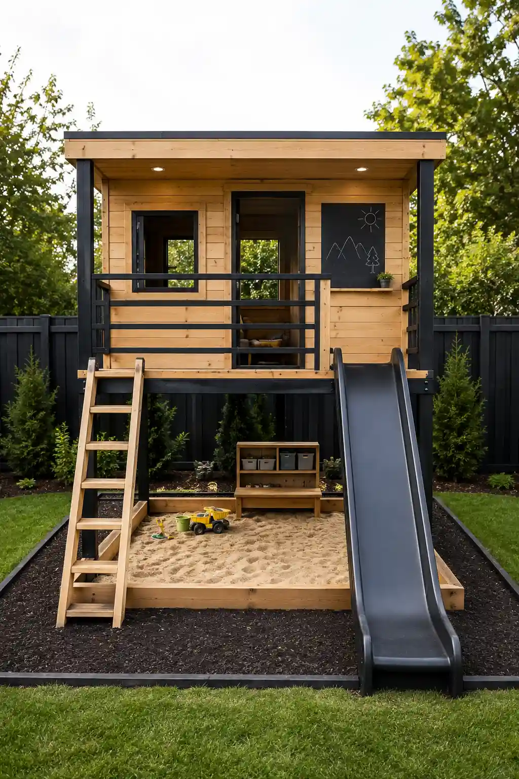 Modern kids playground with a sandbox and raised wooden playhouse featuring warm natural wood siding, matte black structural posts, flat roof, open upper deck, secure wooden ladder, wide dark gray slide, large built-in sandbox beneath the playhouse, wooden sandbox border, children's toy storage shelves, small play counter, chalkboard wall, black safety surface, green lawn, and landscaped backyard surroundings.
