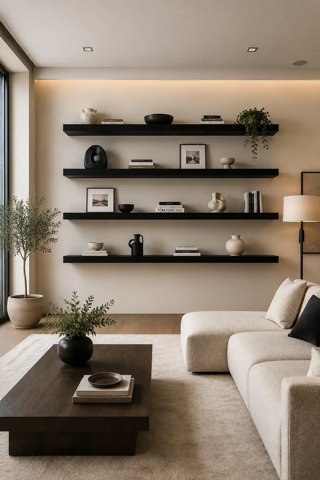 Modern living room featuring four thick matte black floating shelves mounted in a clean horizontal arrangement against a warm cream wall. The dark shelves create bold contemporary contrast while concealed mounting keeps the design sleek and minimal. Neutral ceramic vases, black sculptural objects, framed artwork, stacked books, and trailing greenery provide carefully balanced shelf styling, complemented by a large cream sectional sofa, dark wood coffee table, modern floor lamp, natural flooring, and soft ambient lighting.