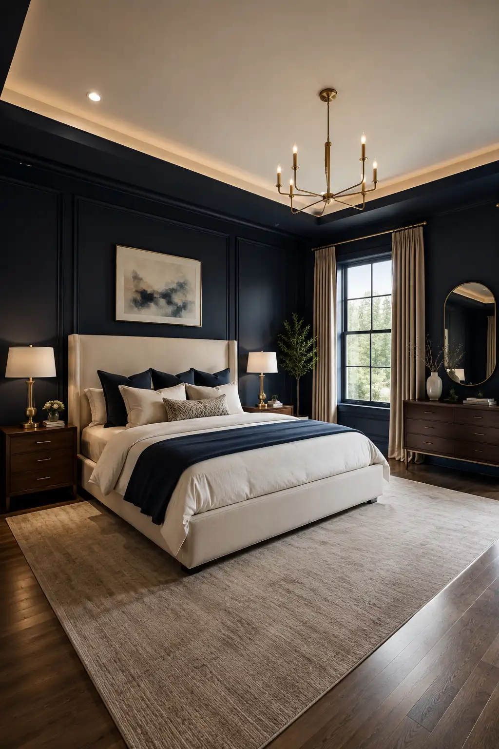 Sophisticated modern bedroom featuring deep navy blue painted walls with detailed architectural panel molding, a large cream upholstered bed dressed in crisp ivory bedding with navy accent pillows and a dark blue throw, dark walnut nightstands, elegant brass lamps, floor-to-ceiling beige curtains, a large neutral textured rug, hardwood flooring, framed artwork, an arched mirror, and natural window light creating a dramatic luxury bedroom.