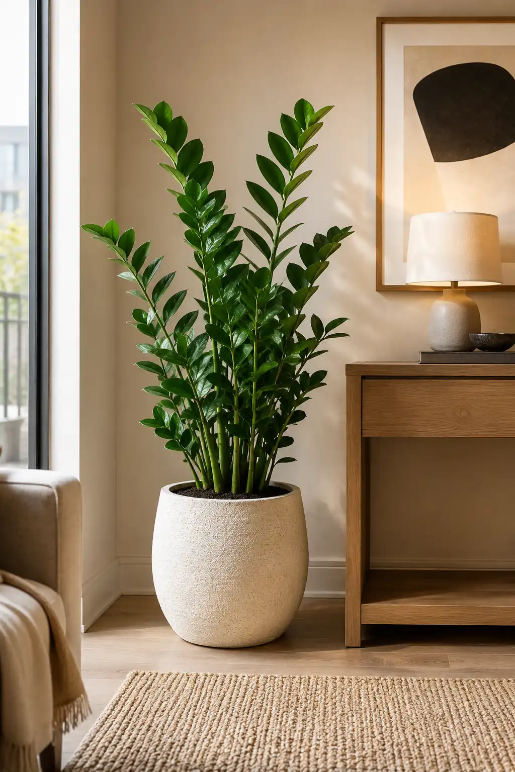 Mature ZZ Plant with dense upright stems and glossy dark green oval leaves in a large textured white ceramic planter beside a wooden console, modern table lamp, framed artwork, neutral rug, and bright window in a contemporary living room.