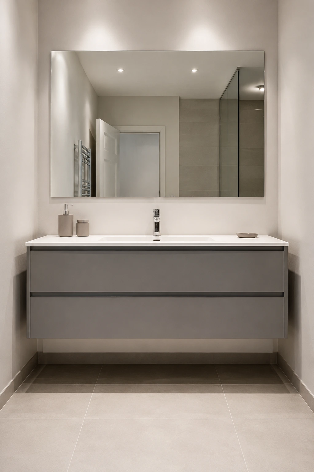 Compact modern shower featuring a built in recessed wall niche with two clean horizontal shelves and discreet warm LED lighting. The niche is integrated into large format beige porcelain tile, with neatly arranged neutral bathroom bottles, a frameless glass shower panel, minimalist chrome fixtures, and a linear drain creating an organized luxury shower design.