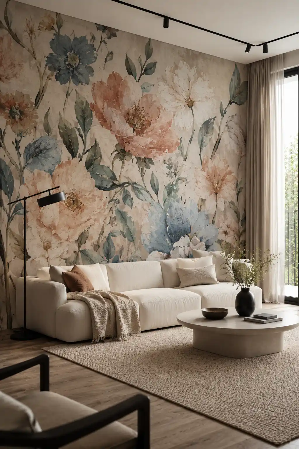 Artistic modern living room featuring oversized floral wallpaper with large blue, dusty peach, cream, and muted green flowers and botanical branches, complemented by a soft cream sectional sofa, round neutral coffee table, textured rug, black floor lamp, and elegant contemporary decor.