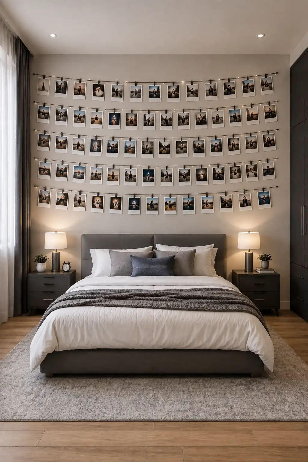 Modern teen bedroom featuring a personalized photo wall made with multiple horizontal rows of Polaroid style photographs clipped to thin hanging wires across the wall above a contemporary bed. The room includes neutral bedding, modern black nightstands, warm table lamps, soft gray textiles, subtle string lighting, and an organized DIY memory wall filled with personal photographs.