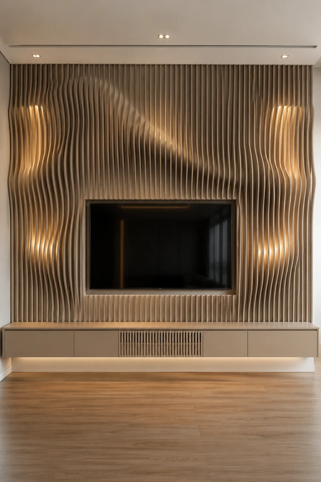 Sculptural parametric TV wall featuring vertical wave fins that curve and change depth around a recessed television, with warm integrated lighting between selected fins and a streamlined floating media console for a striking three dimensional contemporary interior.