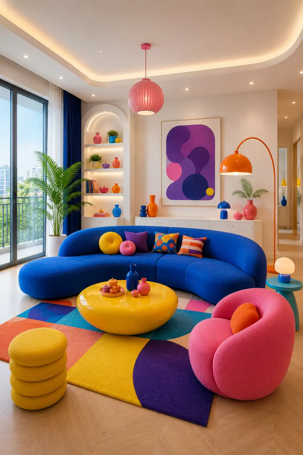 Bold Toca Boca inspired living room featuring a deep cobalt blue curved sectional sofa, bright pink rounded accent chair, glossy yellow sculptural coffee table, colorful geometric area rug, purple abstract wall artwork, yellow and orange decorative accents, colorful cushions, illuminated shelving, blue curtains, pink pendant light, orange floor lamp, indoor plants, rounded furniture silhouettes, and a vibrant modern interior captured from a wide angle.