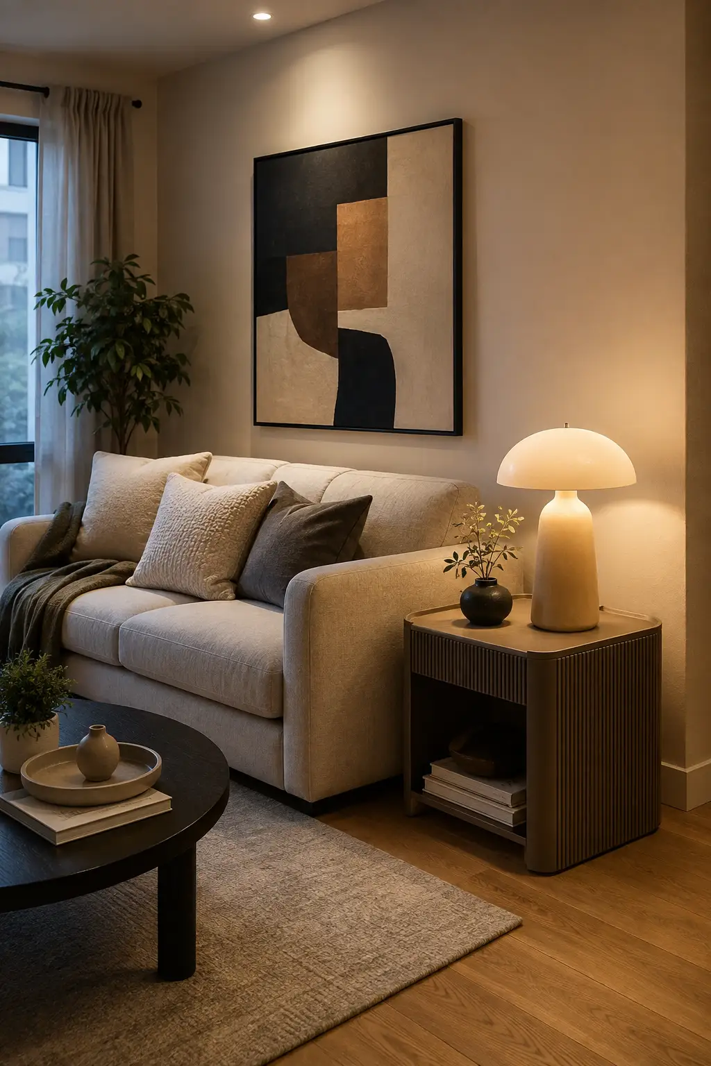 Cozy modern living room featuring a cream upholstered sofa with neutral and charcoal pillows, a sculptural mushroom table lamp glowing warmly on a dark ribbed side table, large abstract wall art, round coffee table, soft area rug, and natural wood flooring.