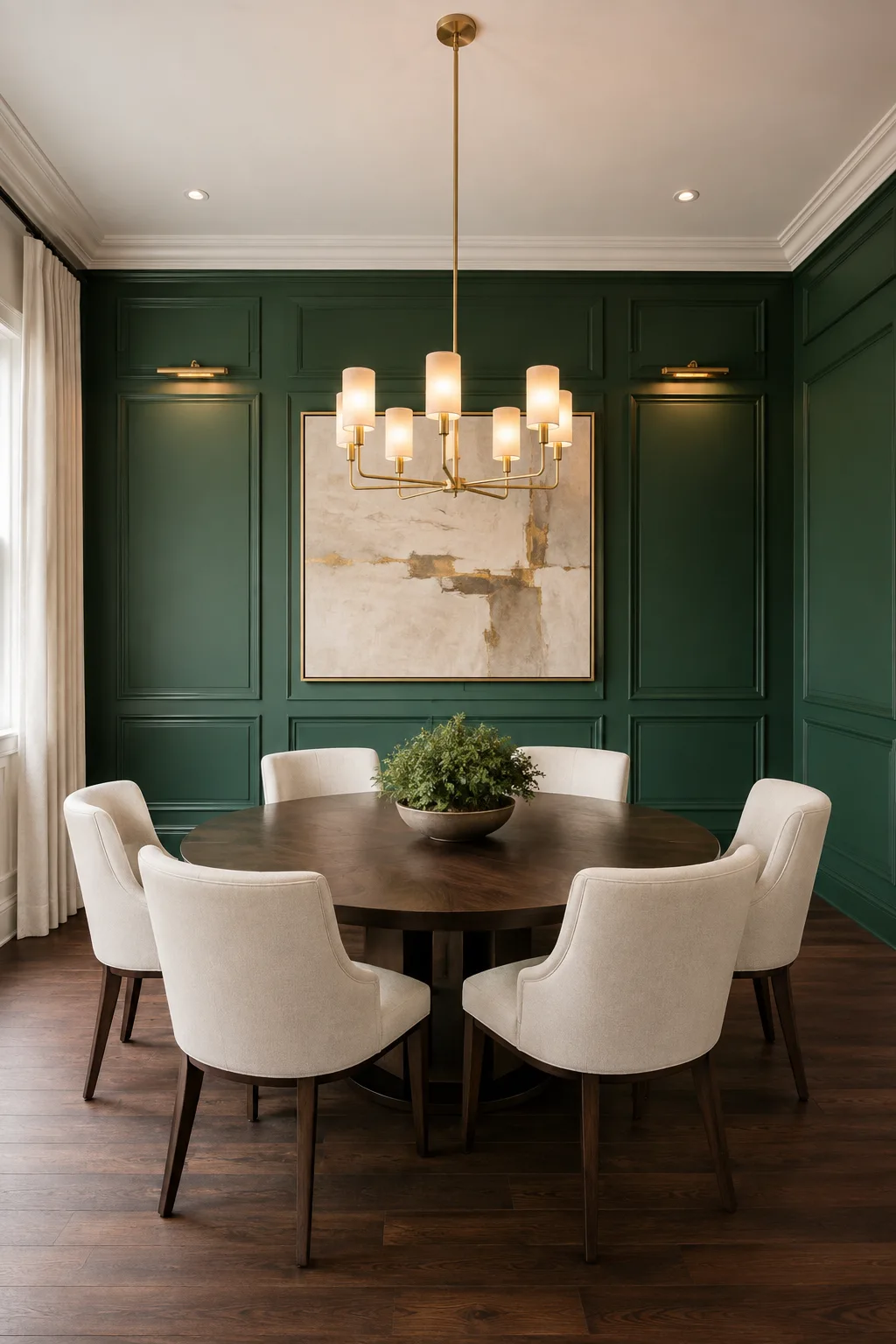 Classic luxury dining room featuring a full deep emerald green accent wall with detailed raised panel molding extending across the entire wall, elegant cream upholstered dining chairs, large dark walnut round dining table, refined abstract artwork, warm brass chandelier, brass picture lights, dark wood flooring, and sophisticated high end interior decor.