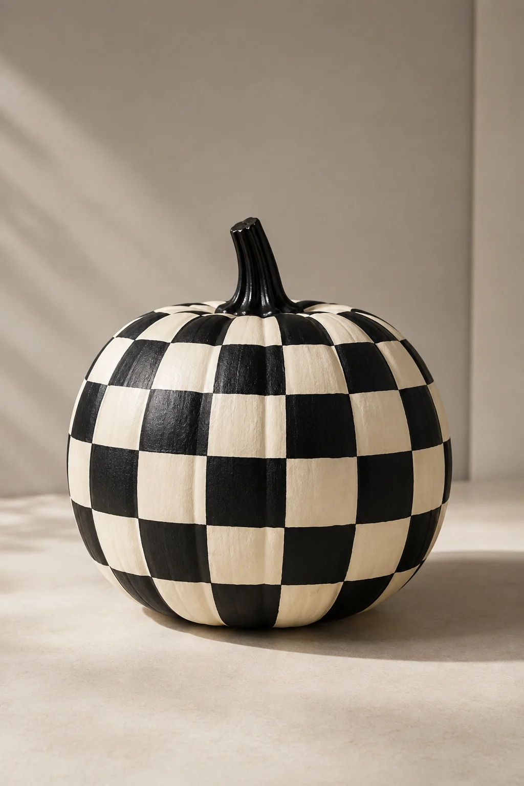A real ivory pumpkin painted with a bold black and warm white checkerboard pattern that follows its natural curved ribs, creating a graphic contemporary accent for modern fall home decor.