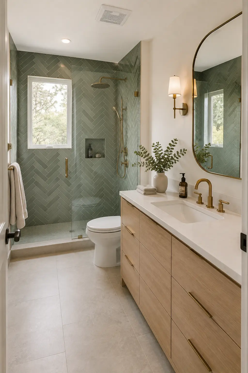 Sophisticated sage green bathroom featuring muted green herringbone tile across the full walk-in shower walls, natural light oak vanity, white countertop and integrated sink, large rounded brass-framed mirror, brushed brass shower hardware and faucet, clear glass shower enclosure, white toilet, neutral floor tiles, soft cream towels, minimalist botanical decor, and natural daylight.