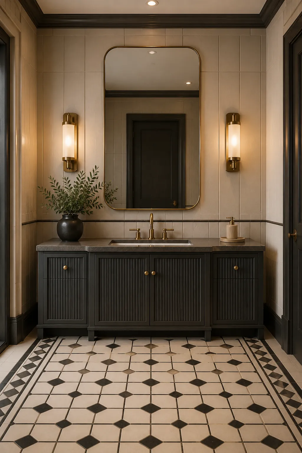 Luxury modern vintage bathroom with a charcoal fluted vanity, rounded brass-framed mirror, warm cream tile walls, antique brass sconces and faucet, black architectural trim, and bold geometric vintage floor pattern.